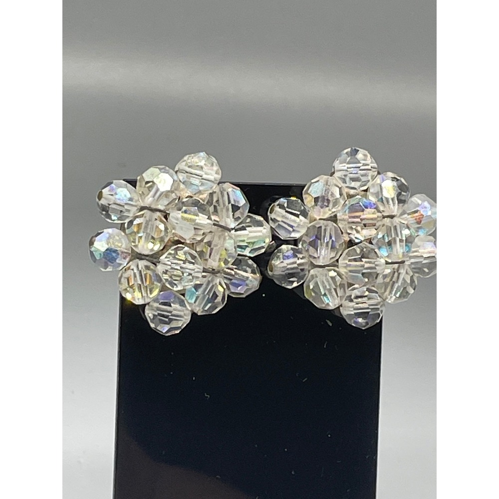Sparkling AB Crystal Cluster Clip On Earrings Dangle Statement Glamour